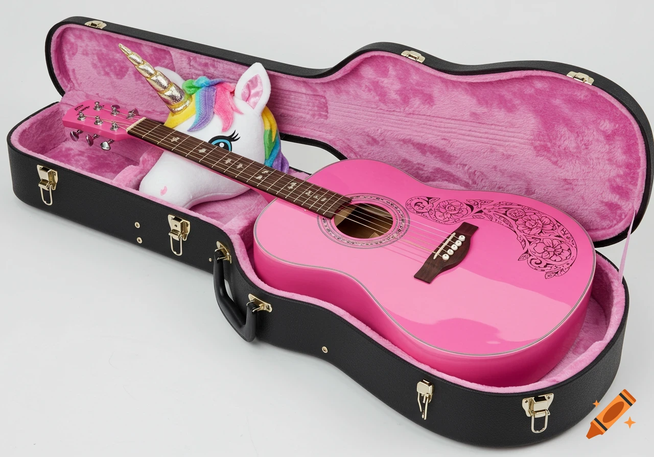 Pink acoustic guitar and unicorn toy in a black and pink guitar case, photorealistic