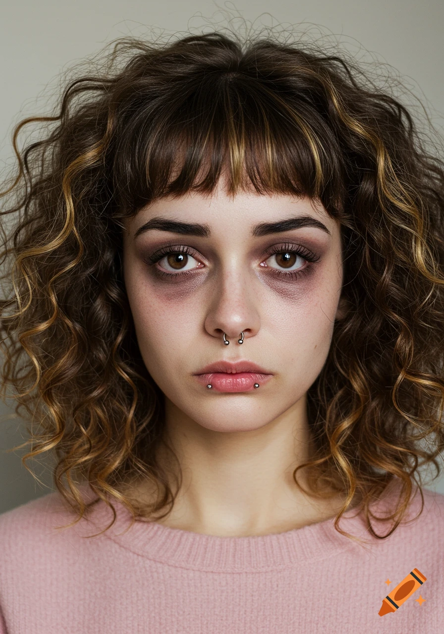 Close-up portrait of a young woman with curly hair, bangs, dark undereye circles, and facial piercings, wearing a pink sweater. Photorealistic style.