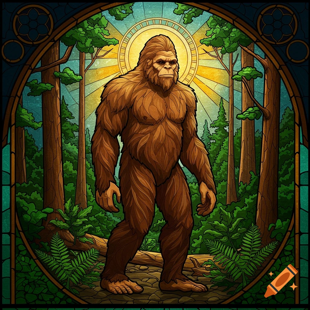 Stained glass illustration of Bigfoot walking through a forest with sunrays.