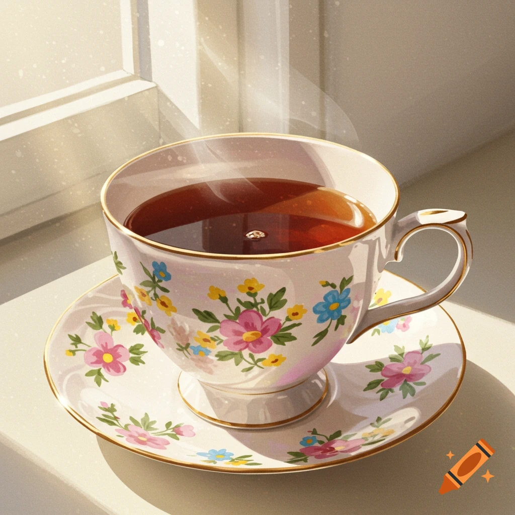Steaming teacup with floral pattern by a window in soft light
