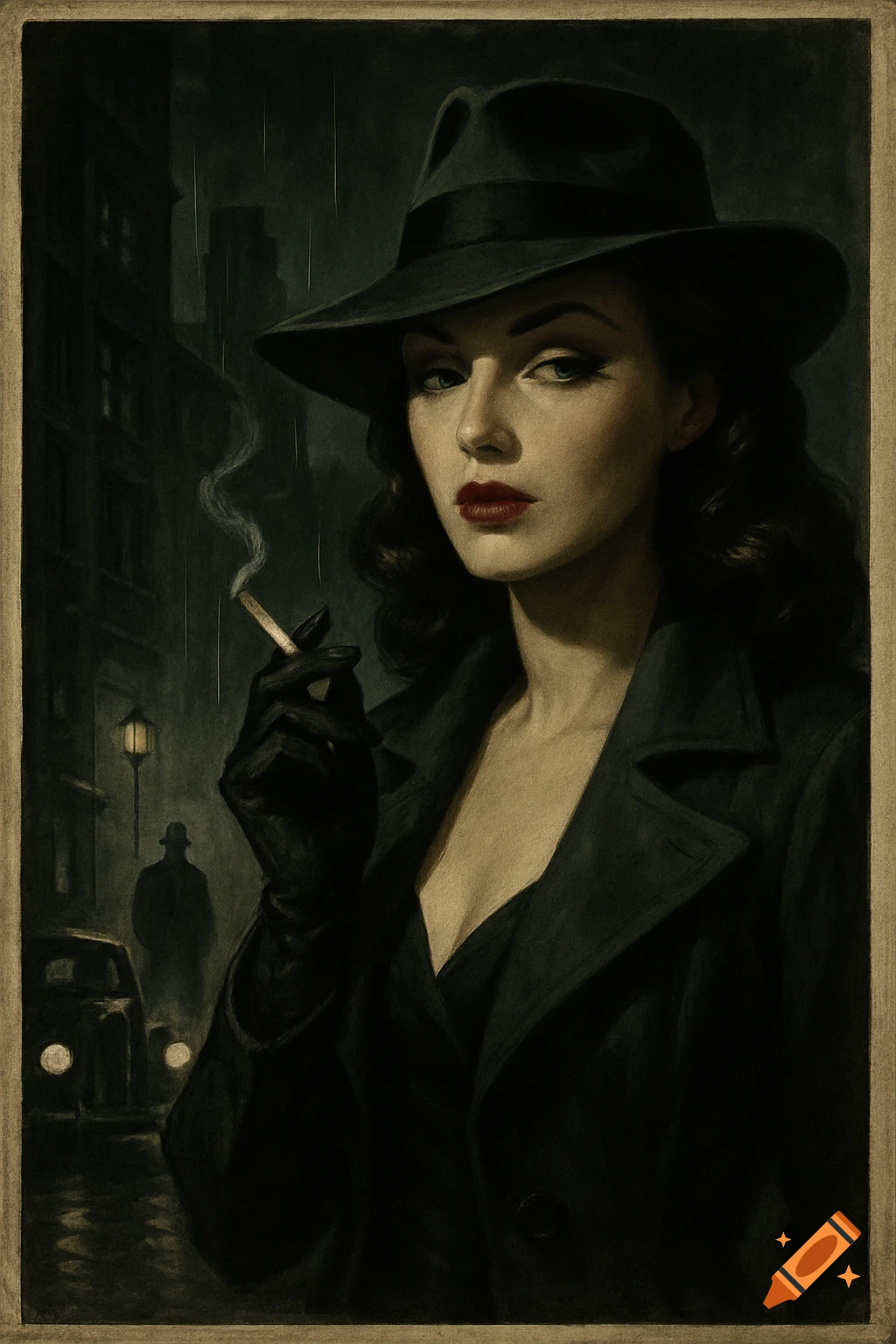 Film noir illustration of a woman in a fedora and trench coat smoking a cigarette on a dark, rainy street.