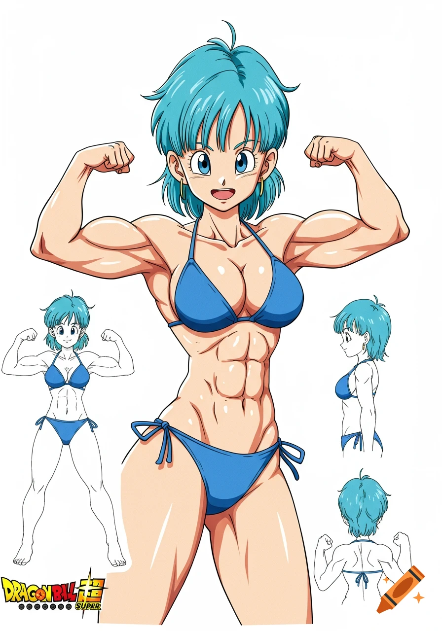 Anime model sheet of muscular Bulma from Dragon Ball Super flexing in a blue bikini.