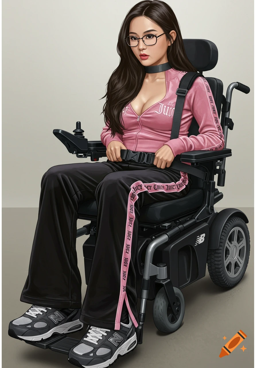 Illustration of a woman in a pink Juicy Couture tracksuit top and black sweatpants sitting in a power wheelchair.