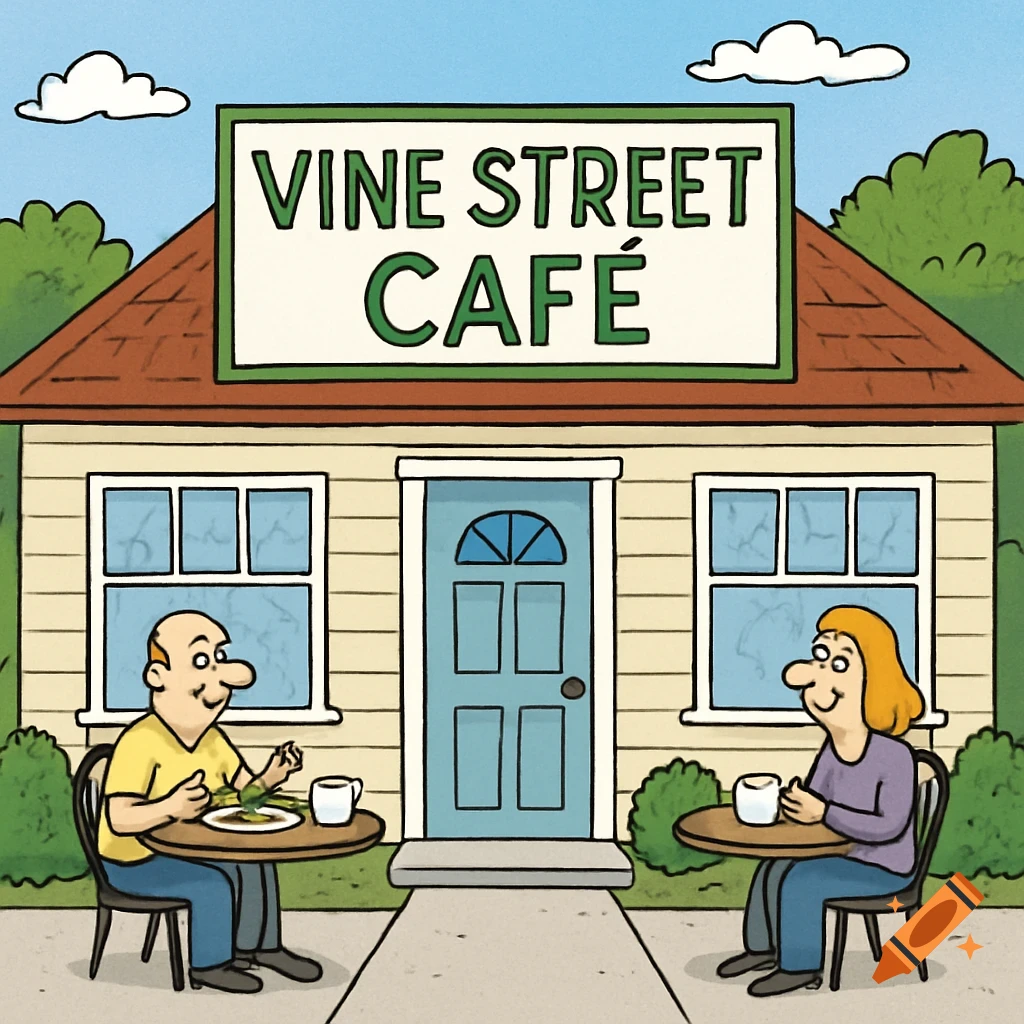 Cartoon illustration of two people sitting outside the Vine Street Cafe.