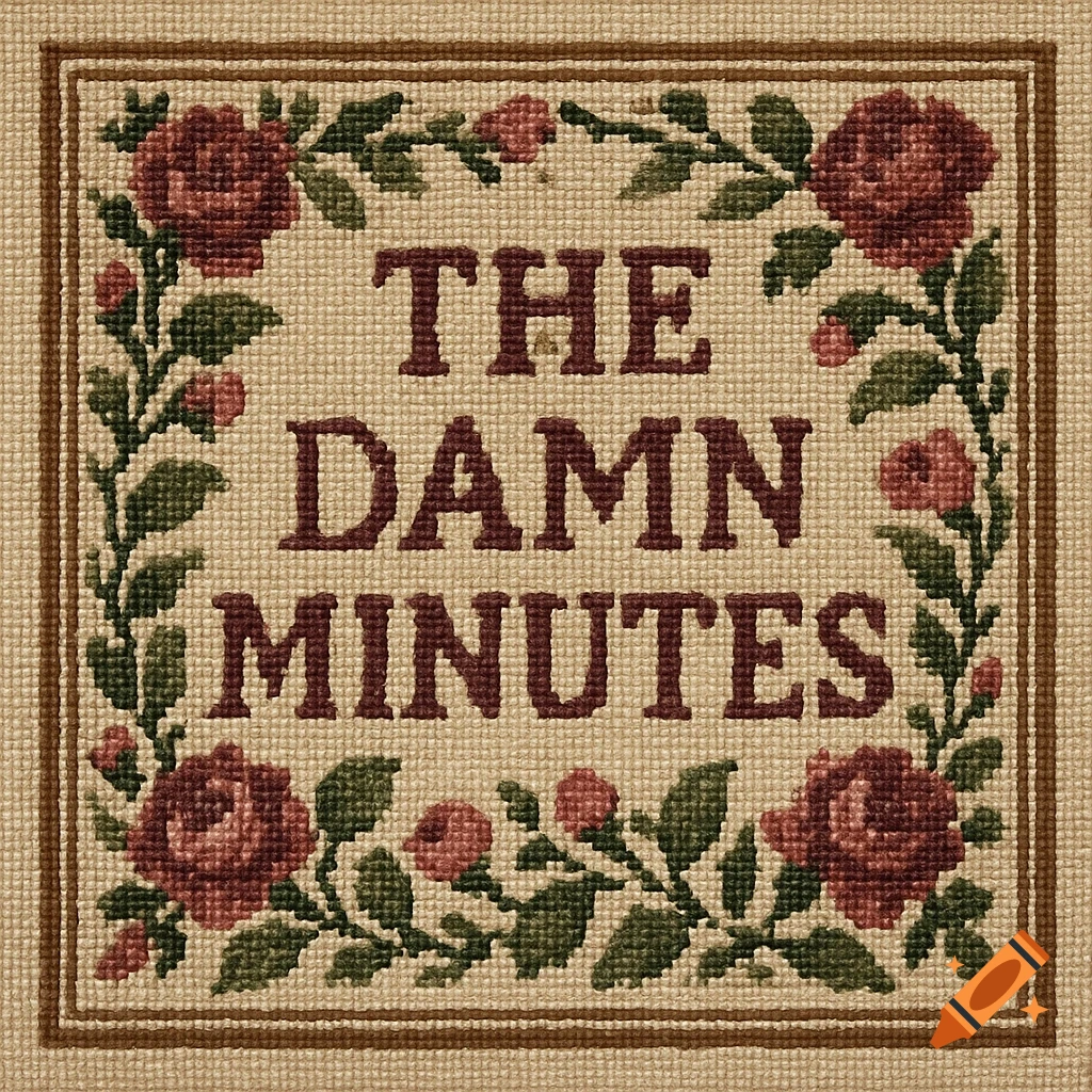 Needlepoint art saying 'THE DAMN MINUTES' with floral border.