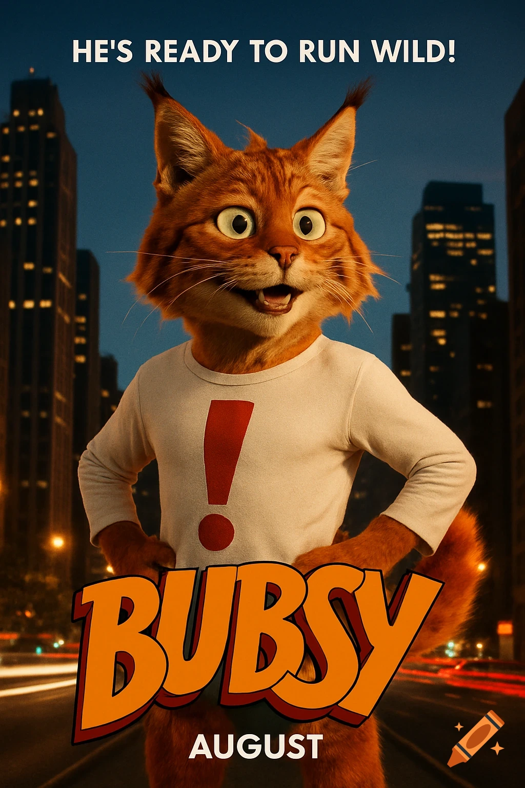 Movie poster for Bubsy featuring an anthropomorphic bobcat in a cityscape with text.