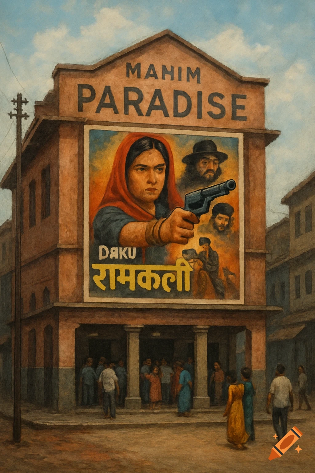 Painting of a cinema hall with a movie poster for 'Daku Ramkali'