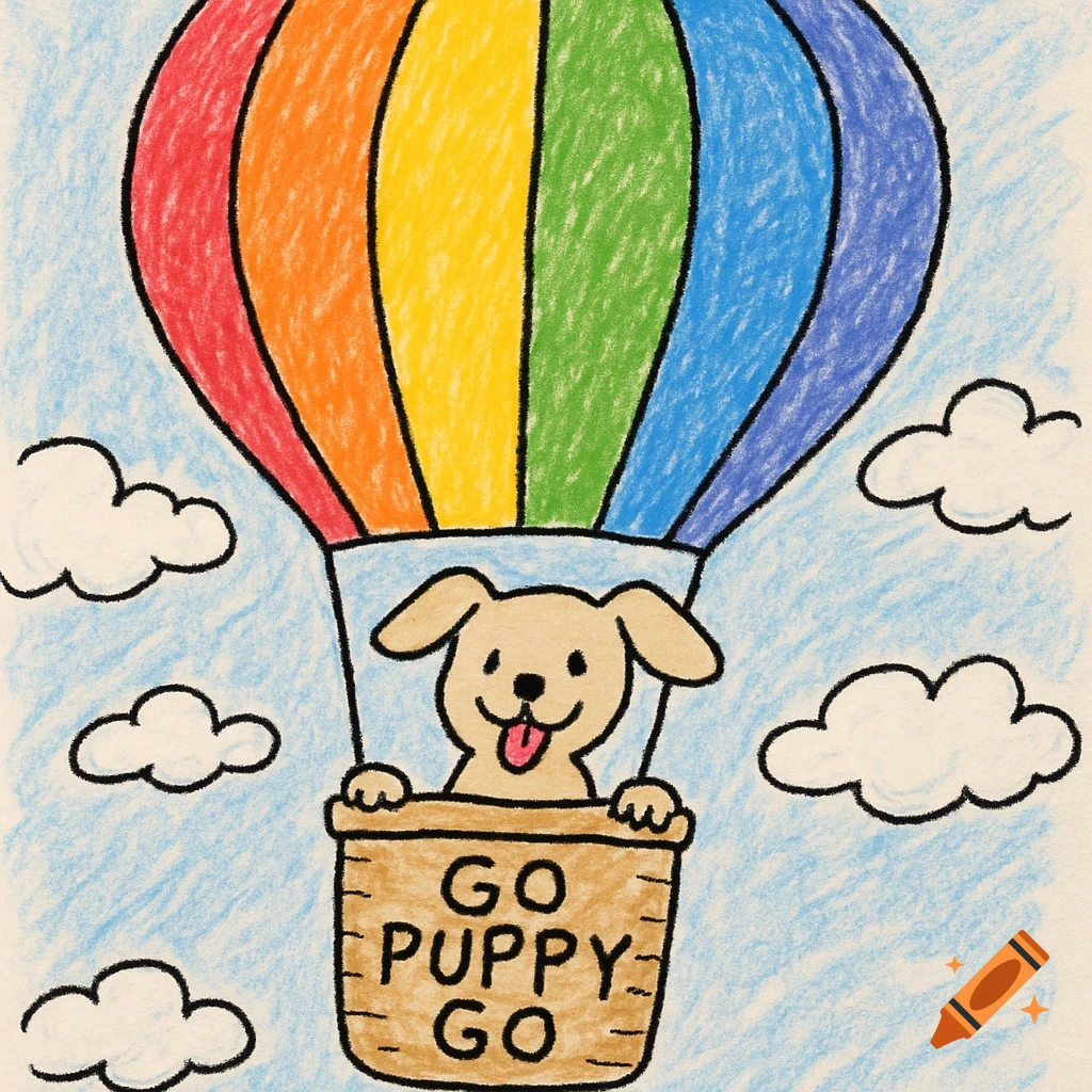 A crayon drawing of a cute puppy riding in a rainbow-striped hot air balloon with the words "GO PUPPY GO" on the basket.