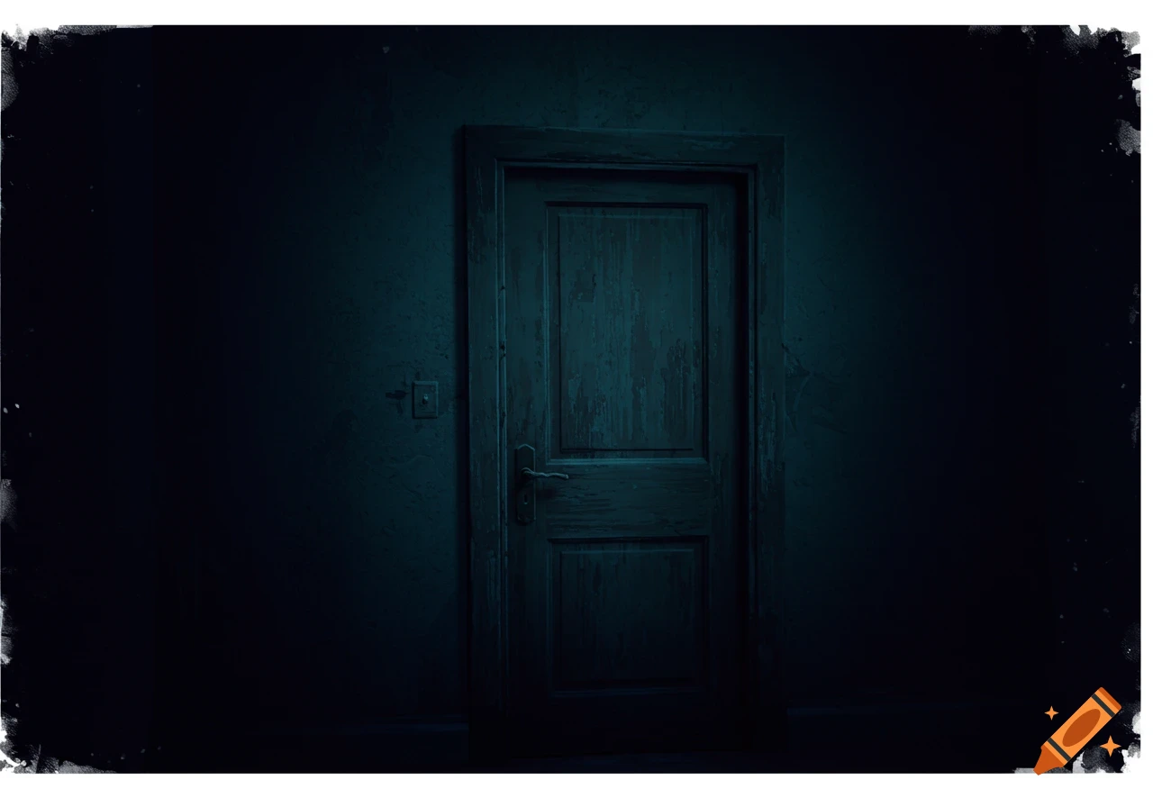 Dark room with a closed wooden door in the center.