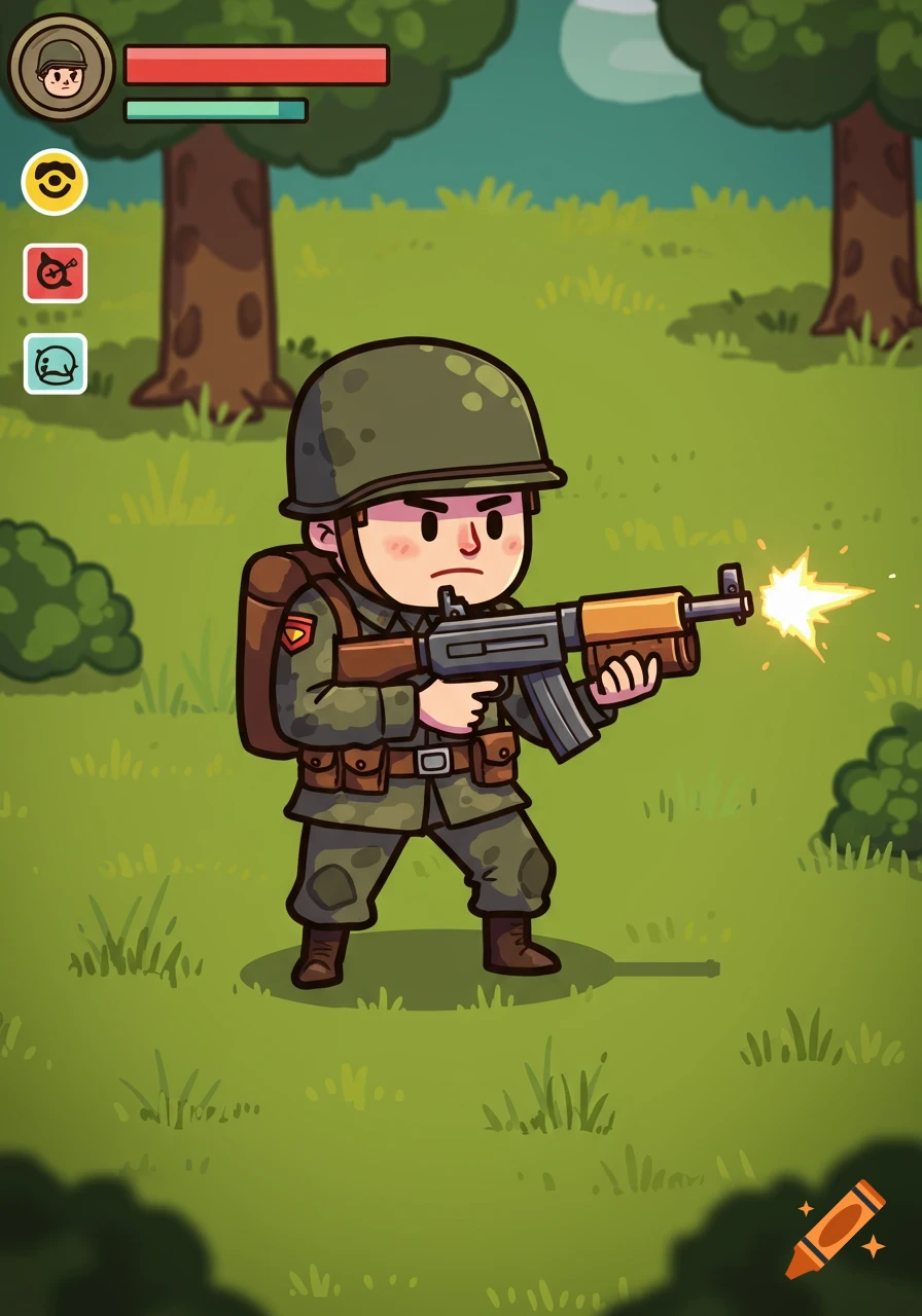 Cartoon soldier character firing a rifle in a forest setting with game UI elements