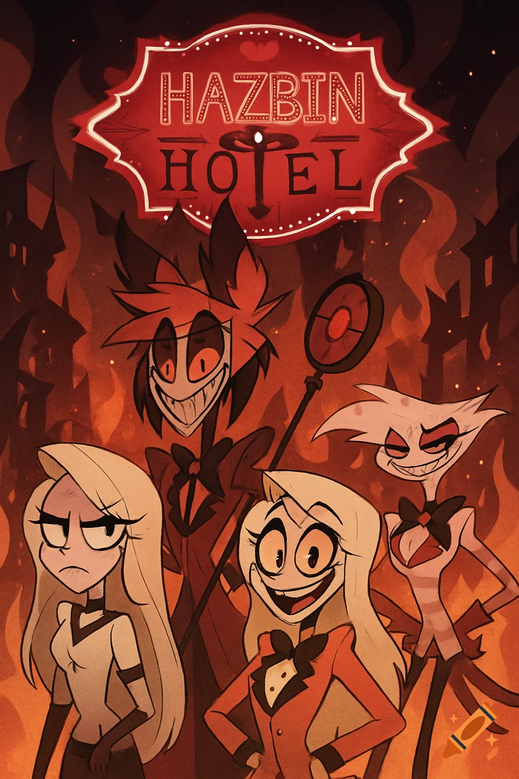 Four animated characters from Hazbin Hotel stand in front of a burning background with a sign above them.
