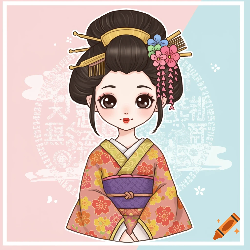 Cartoon drawing of a Japanese geisha in a floral kimono with ornate hairpins against a split pink and blue background.