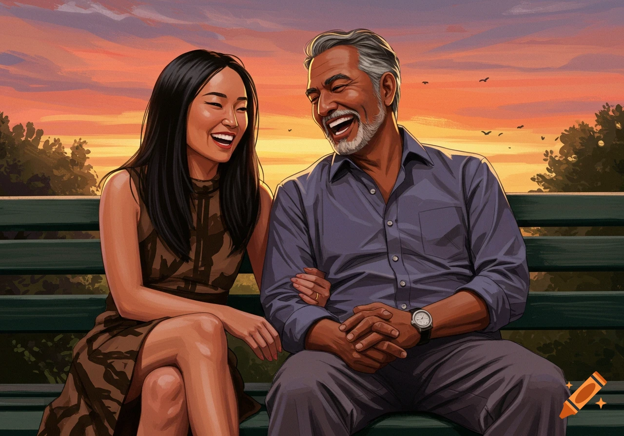 Illustration of two people laughing on a park bench at sunset.
