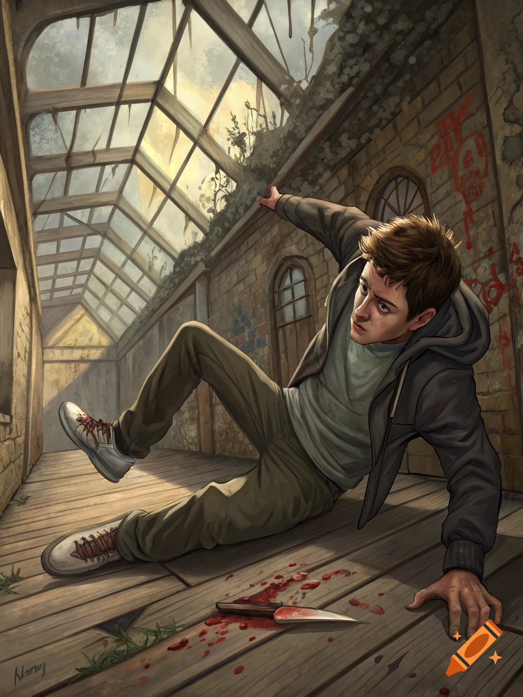 Illustration of a man falling in an abandoned building with a bloody knife on the floor.