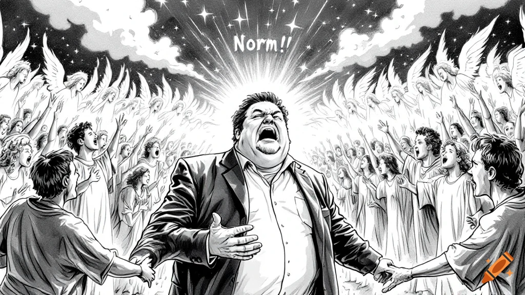 Black and white comic of a man resembling Norm from Cheers being greeted by a crowd and angels shouting 'Norm!!'