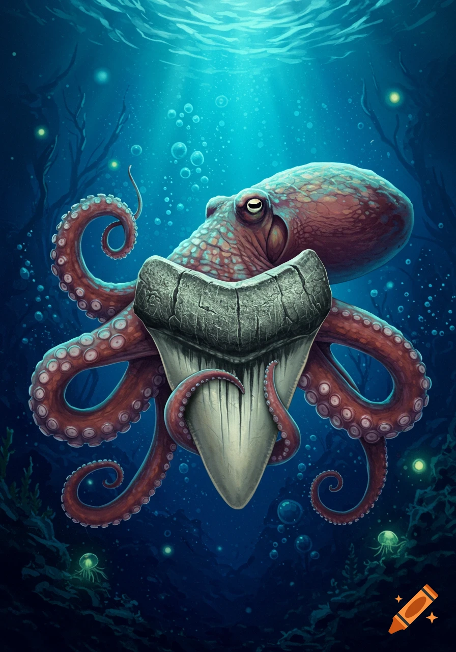Illustration of a red octopus holding a large megalodon tooth underwater