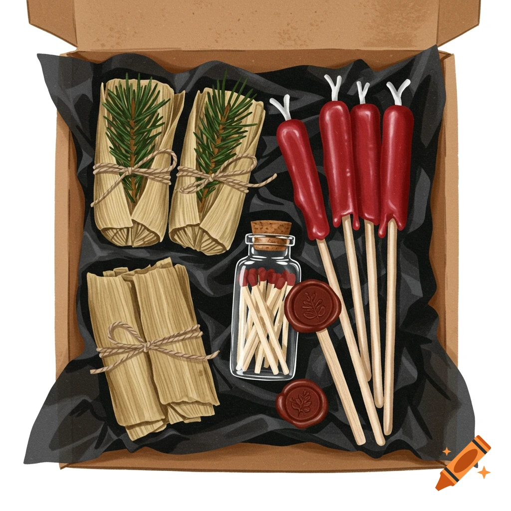 Illustration of a box filled with craft fire starters, wrapped bundles, matches, and wax seals.