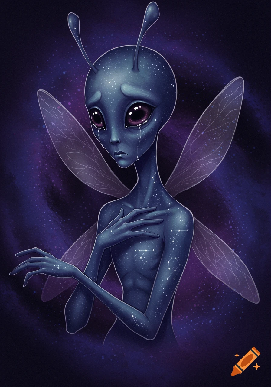 A sad alien with starry skin and wings against a galaxy background.