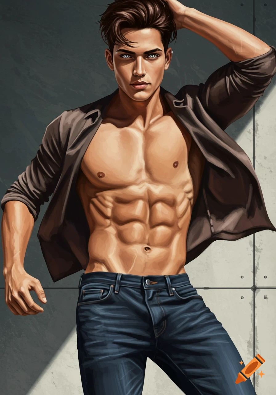 Stylized illustration of a muscular man in jeans and an open shirt.