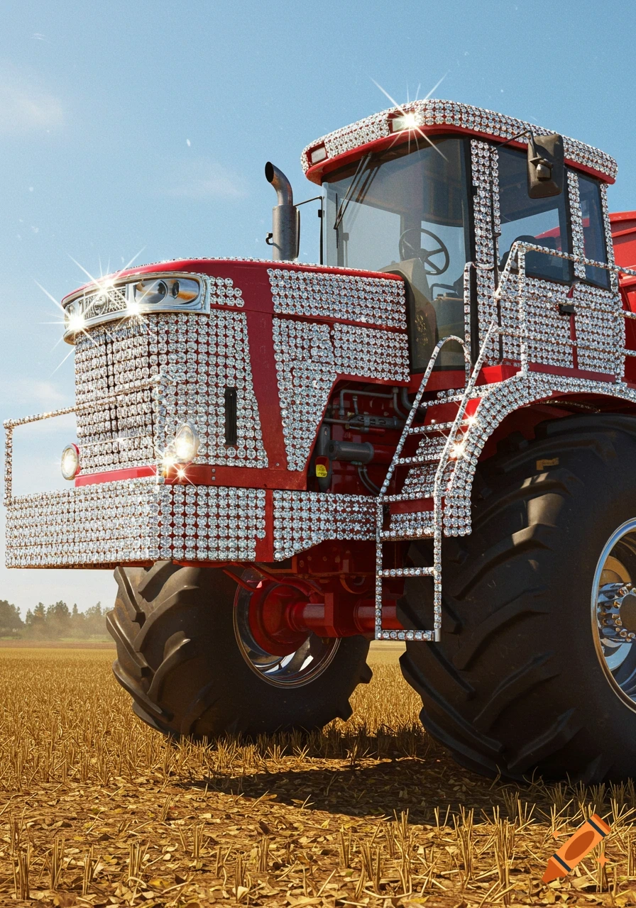 Photorealistic image of a red tractor heavily decorated with diamonds, parked in a harvested field under a blue sky.