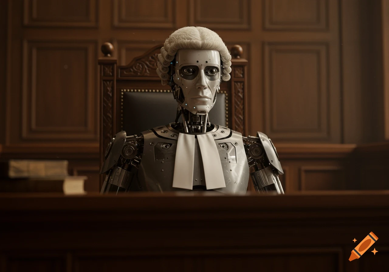 A photorealistic image of a robot judge wearing a white wig, sitting behind a bench in a courtroom.