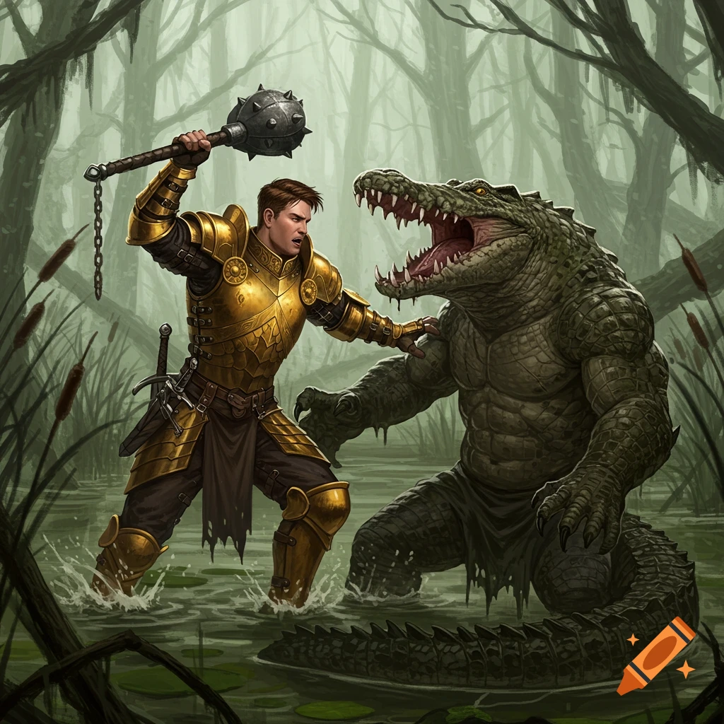 A knight in gold armor battles a large crocodile creature in a swamp.