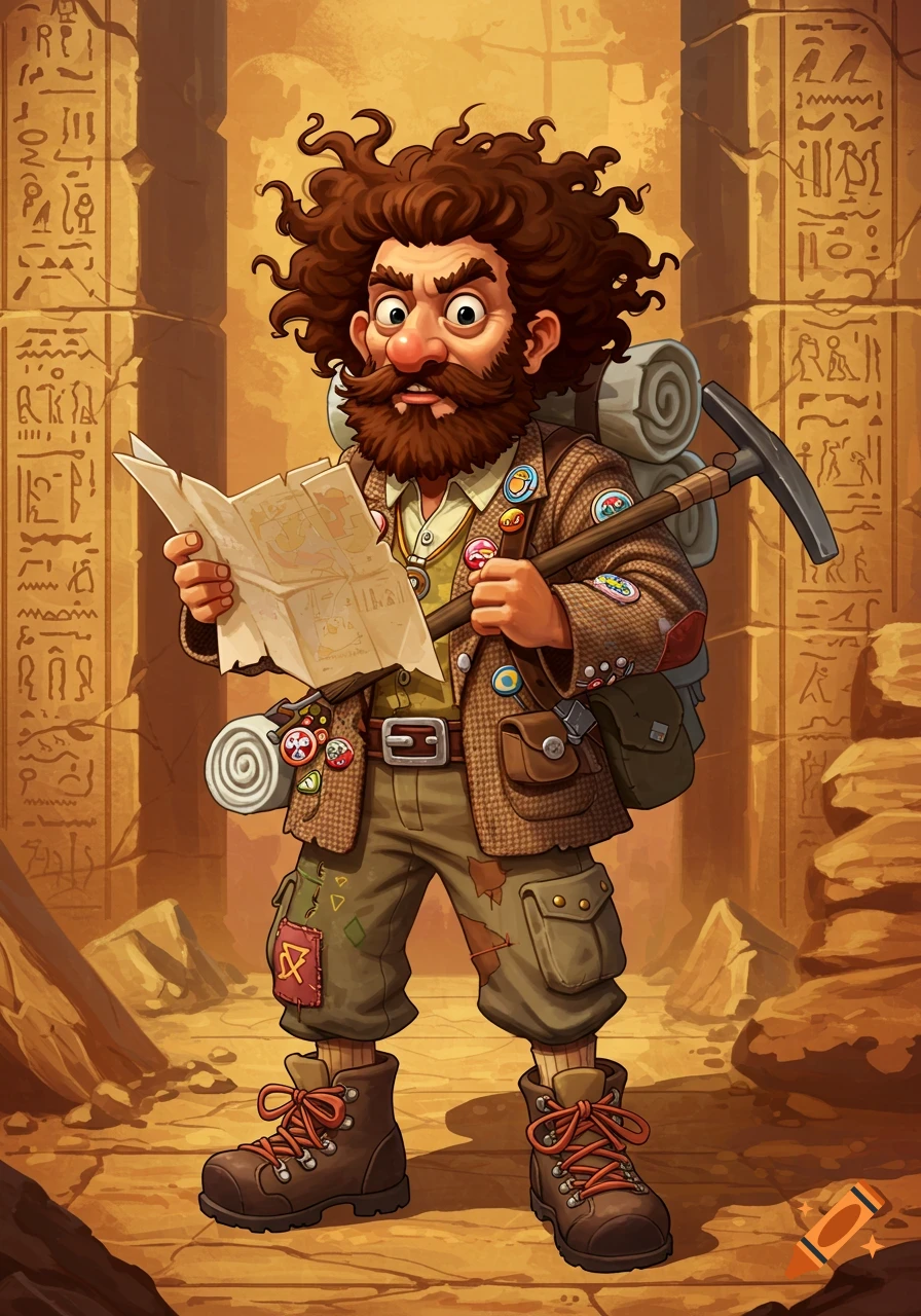 A cartoonish archaeologist with a beard and curly hair holds a map and pickaxe in an ancient temple with hieroglyphs.