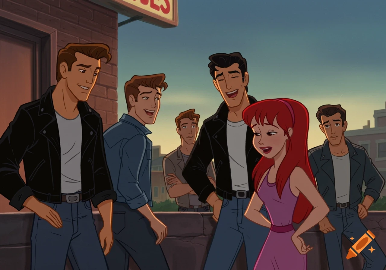 Group of cartoon characters, including men in leather jackets and a woman with red hair, standing on a balcony.
