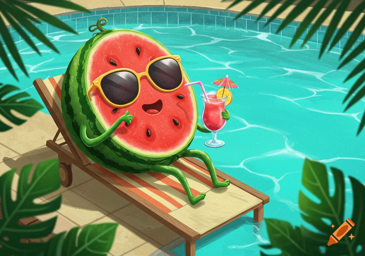 A cartoon watermelon character wearing sunglasses relaxes on a lounge chair by a swimming pool, holding a drink.
