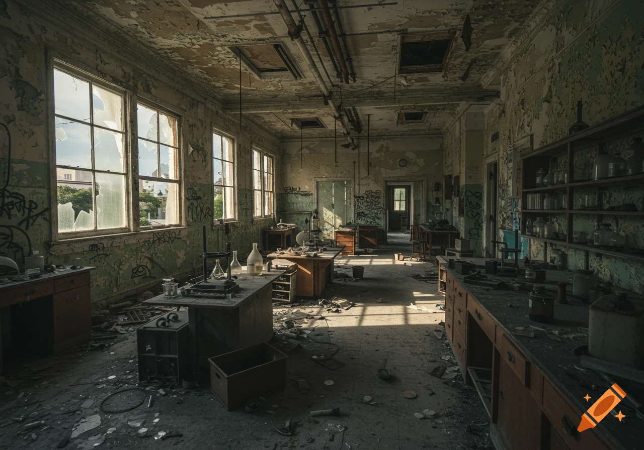 Abandoned laboratory interior with broken windows, peeling paint, graffiti, scattered equipment and debris.