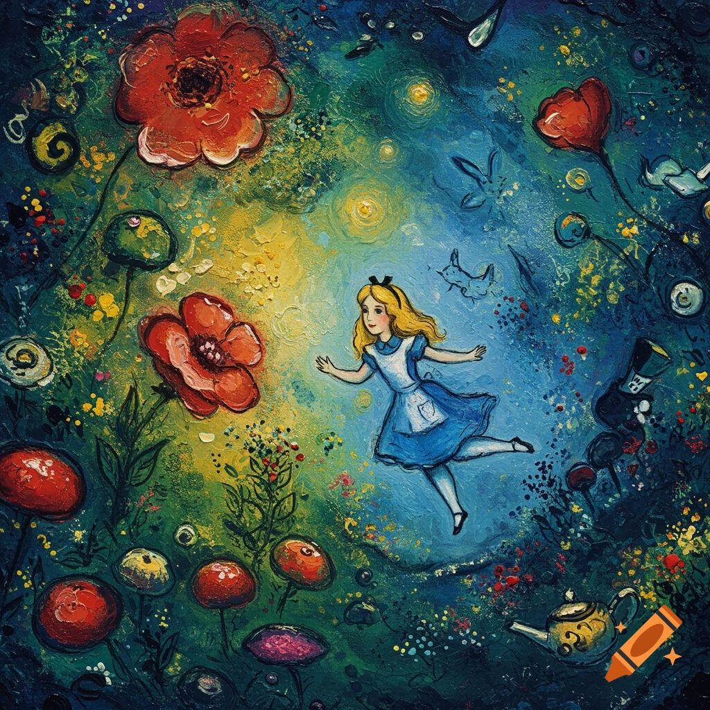 Alice floats through a colorful, dreamlike garden filled with large flowers and mushrooms, in a painterly style.