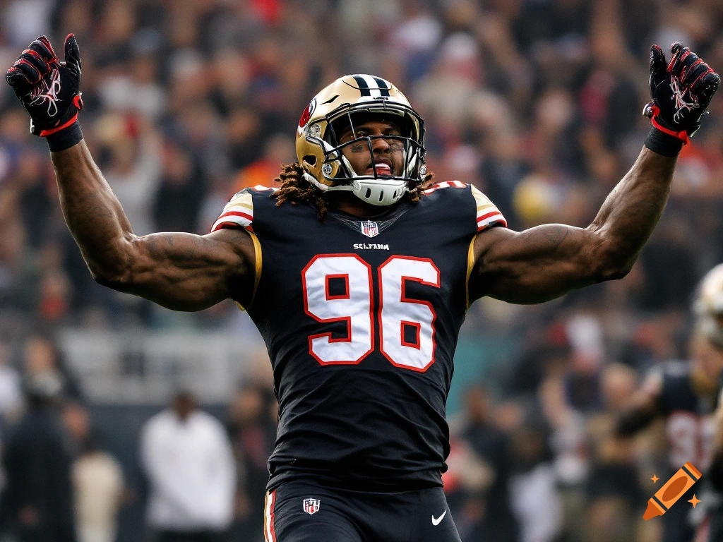 Football player in black jersey with number 96 celebrates with arms raised on the field.