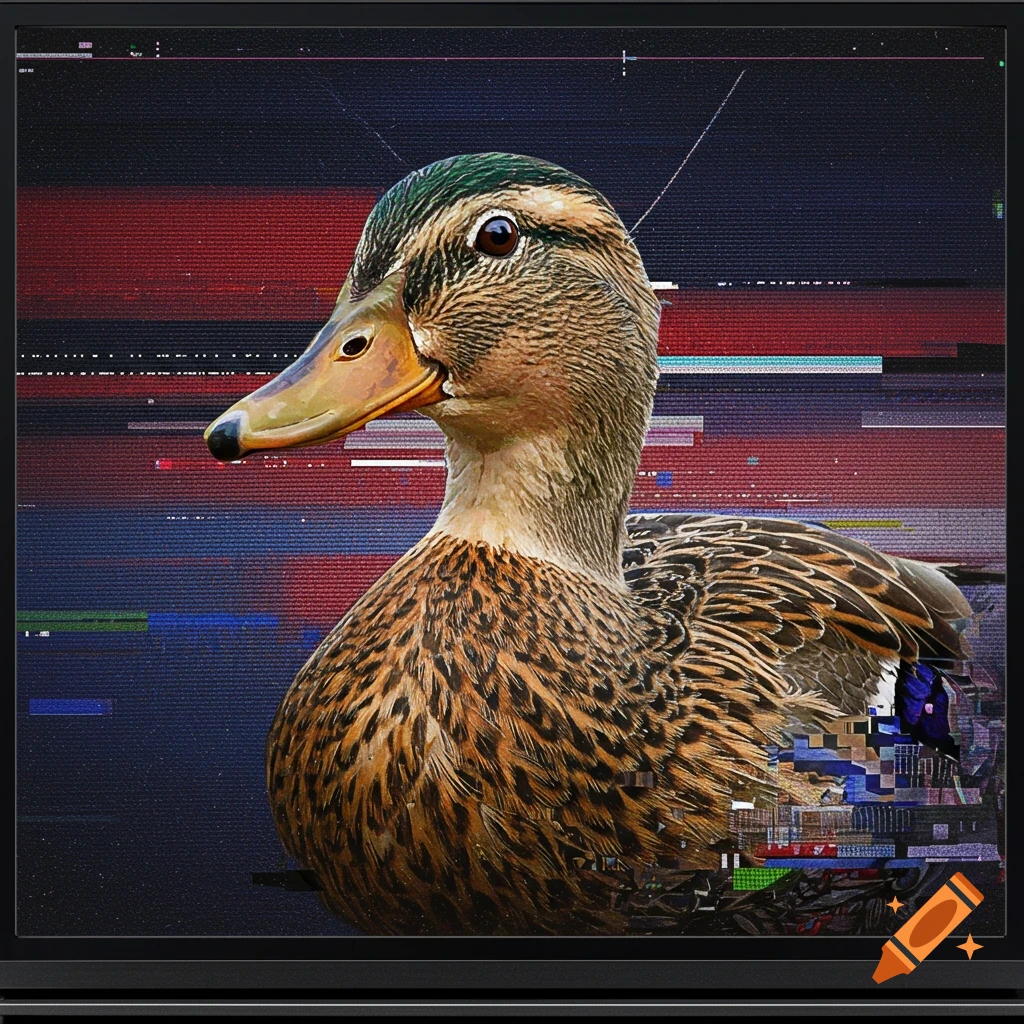 Close-up of a realistic duck's head and chest against a background of red, blue, and black digital glitch artifacts.