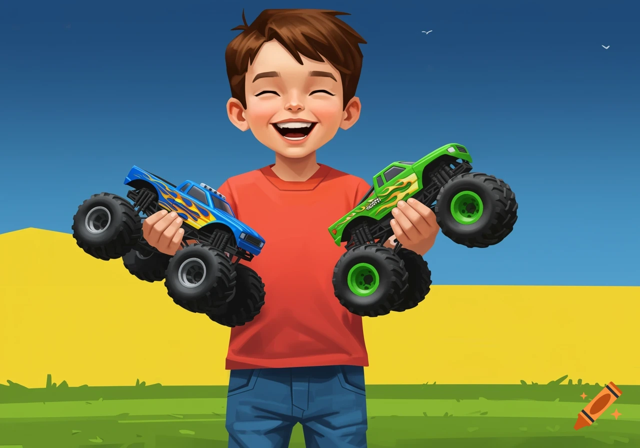 A smiling boy holds a blue monster truck with flames and a green monster truck with big wheels outdoors.