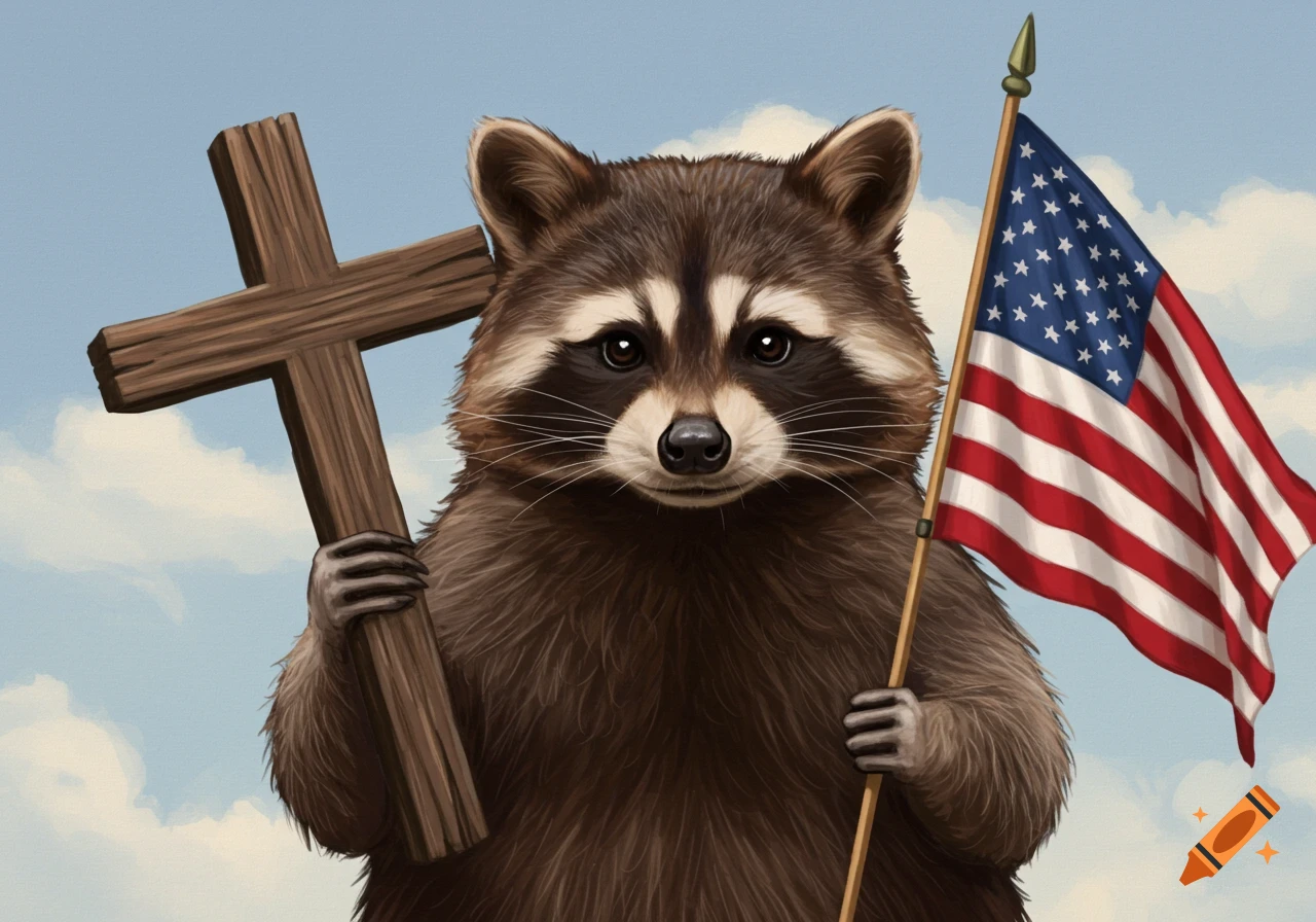 A raccoon holds a wooden cross in one hand and an American flag in the other against a sky background.