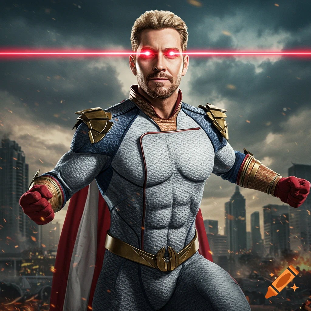 Homelander with red laser eyes and cape in a city skyline