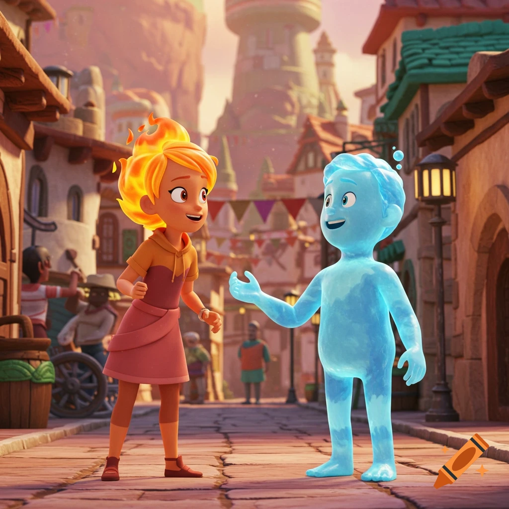 Cartoon fire girl and water boy talking on a street in a fantasy town.