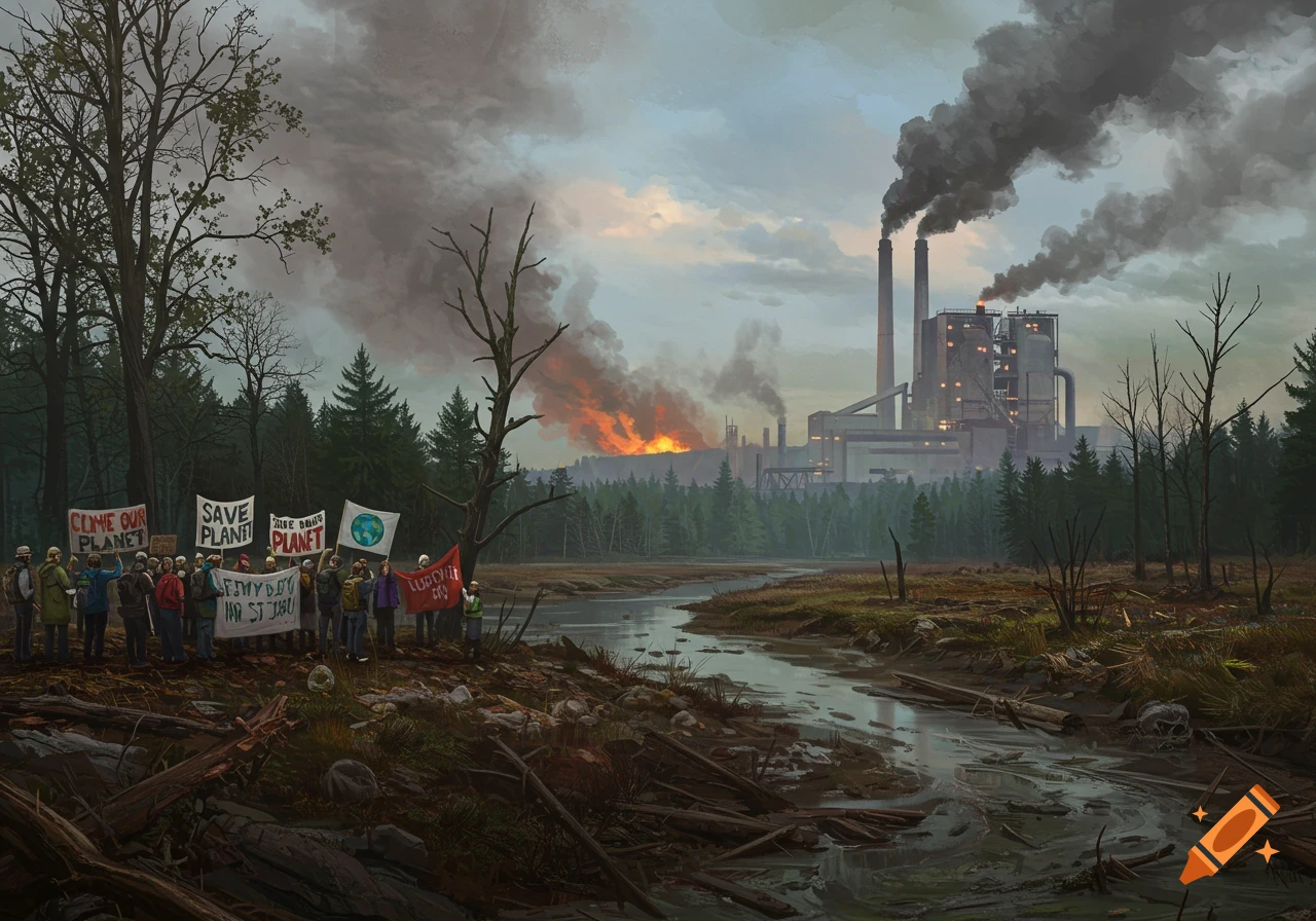 Digital painting of protestors with signs near a polluted river and forest, facing a smoking factory.
