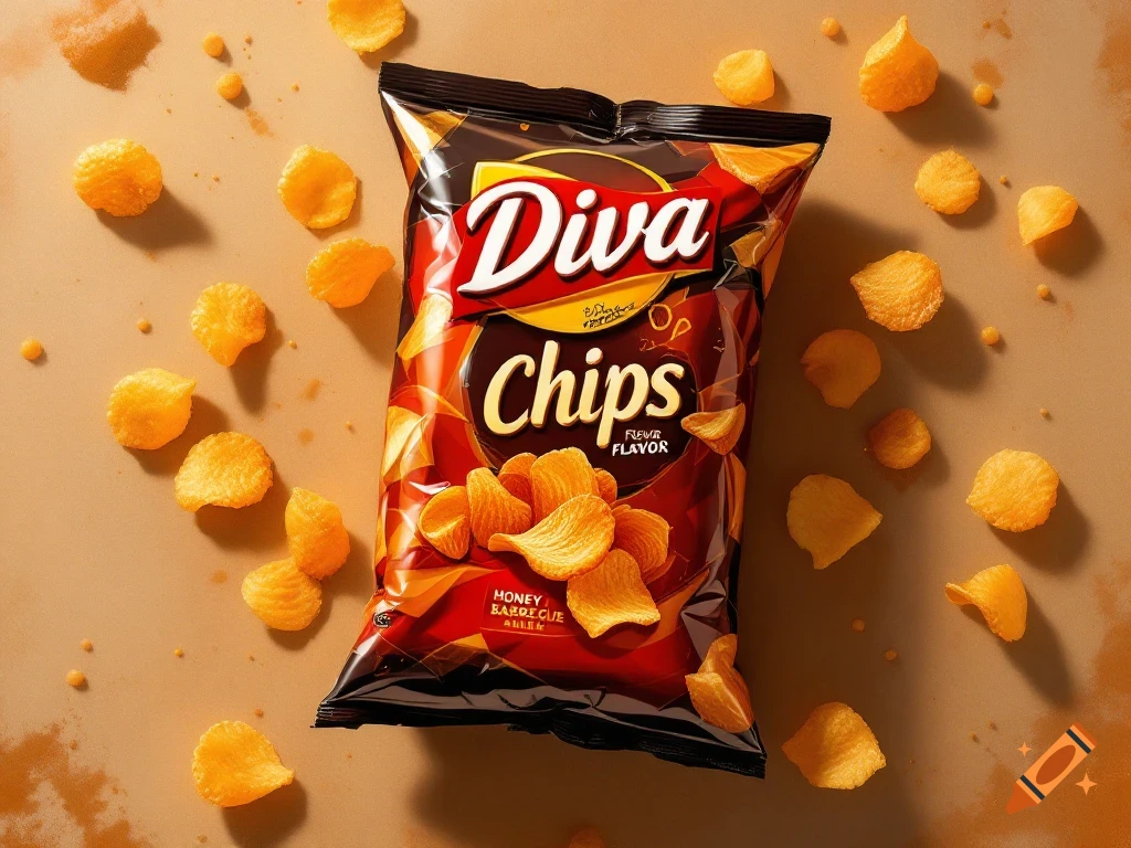 A bag of Diva chips surrounded by scattered chips on a brown background.