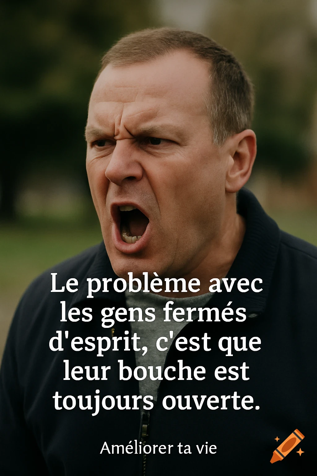Man with mouth open shouting, with a quote overlaid.