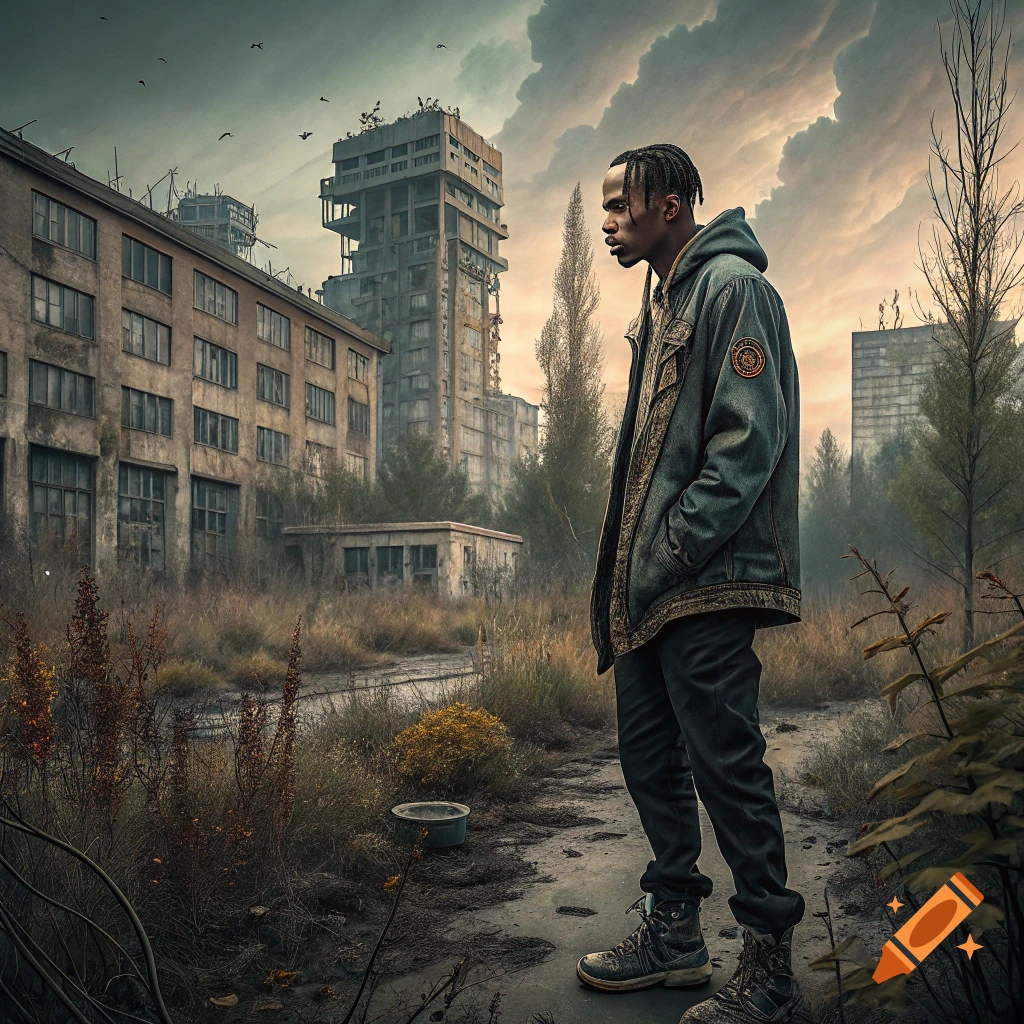 A man stands in a ruined city with derelict buildings and overgrown plants.
