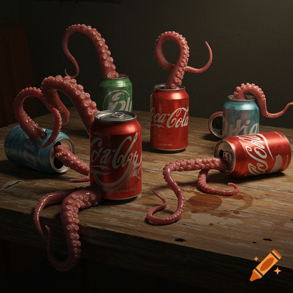 Photorealistic image of pink octopus tentacles emerging from red, blue, and green soda cans on a wooden table.