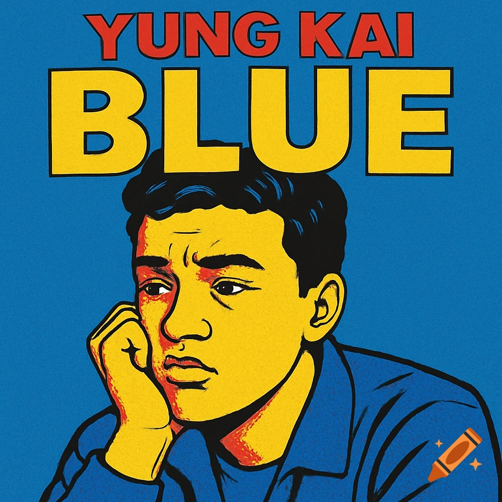 Pop art album cover featuring a man resting his head on his hand, with the text 'YUNG KAI BLUE' above him, all on a blue background.