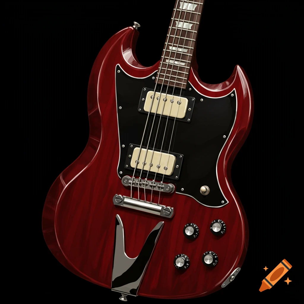 A close-up shot of a dark red electric guitar, blending features of Gibson Les Paul, SG, and Fender Jaguar styles, set against a black background.