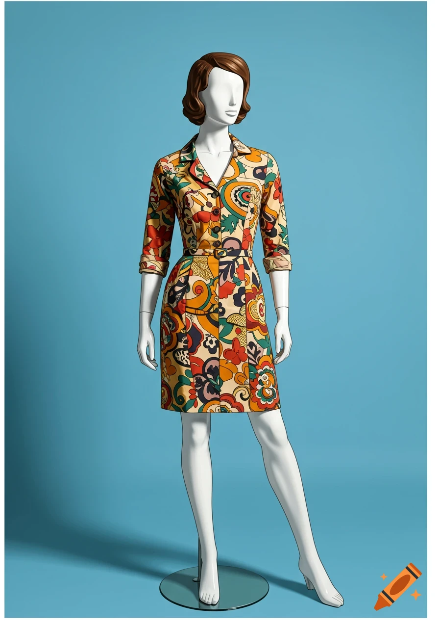 A mannequin wears a dress with a colorful retro pattern against a bright blue background.