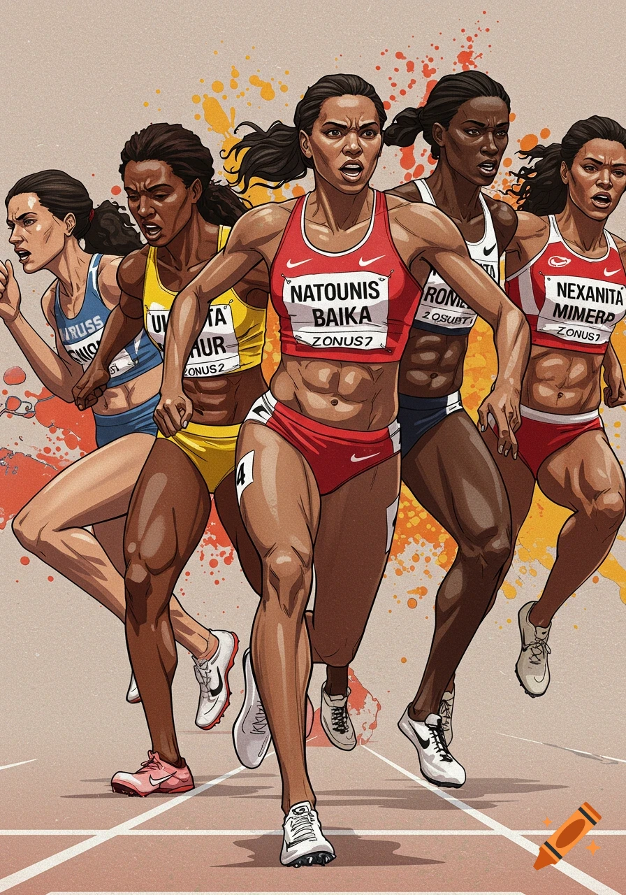 Illustrated diverse female athletes running on a track.