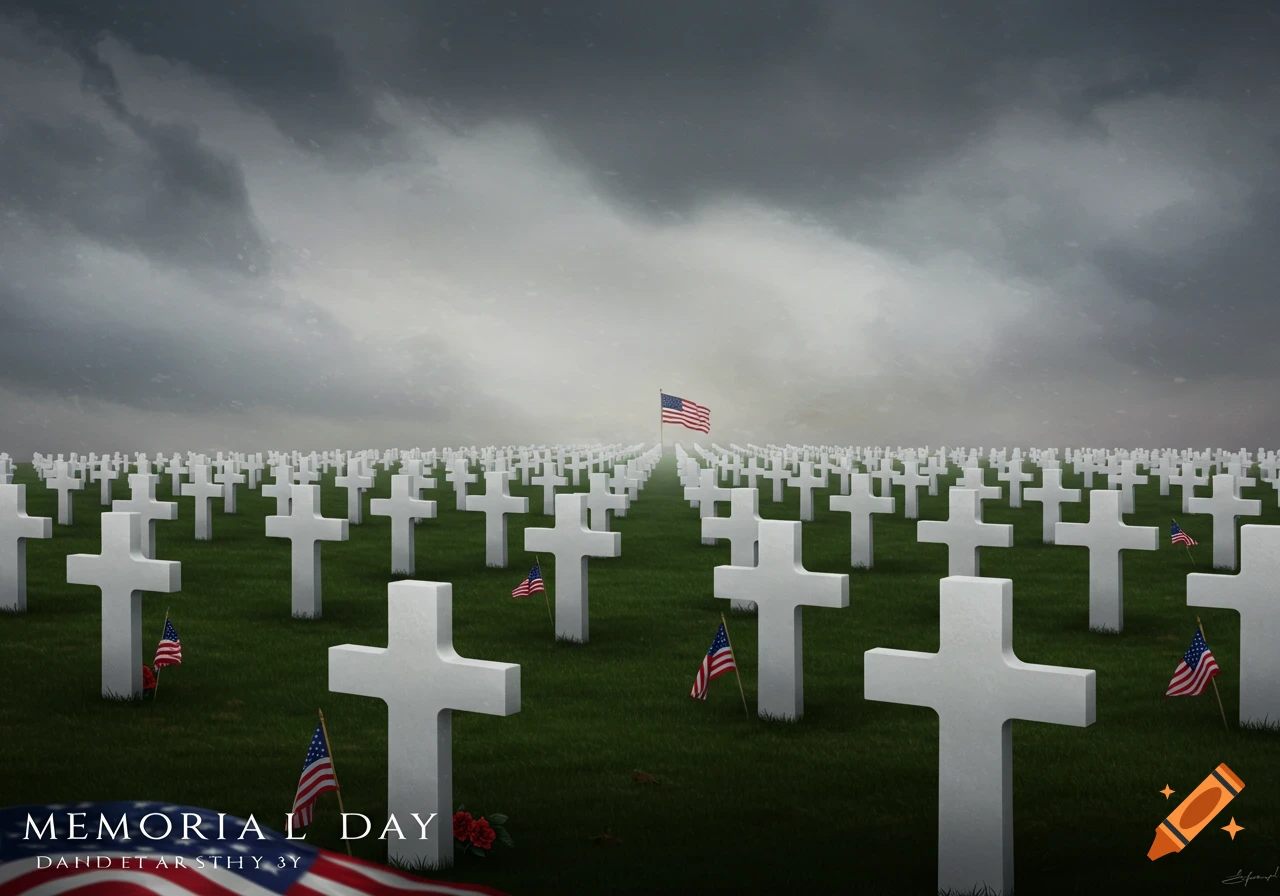 A field of white crosses in a cemetery with American flags under a cloudy sky.