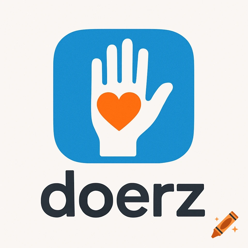 Logo with a white hand holding an orange heart inside a rounded blue square, above the text 'doerz'.