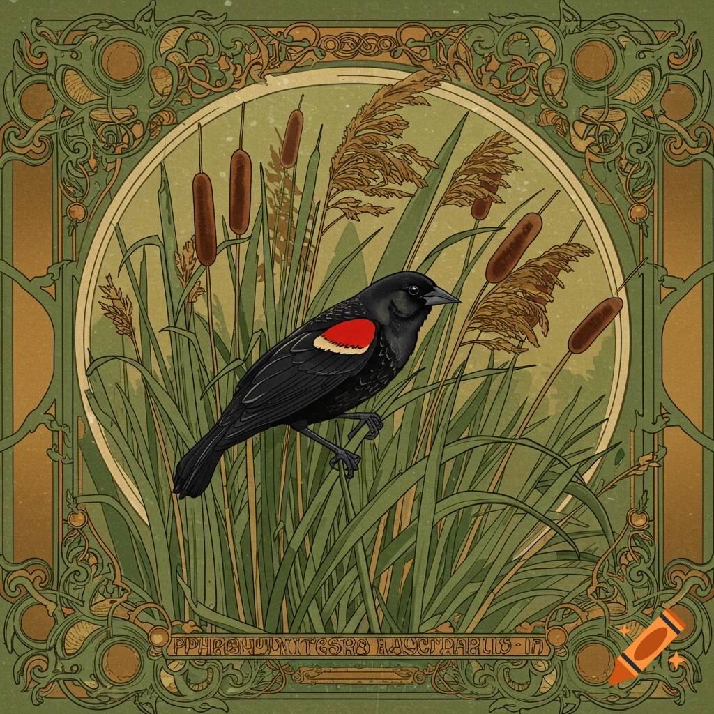 Art nouveau illustration of a red-winged blackbird among reeds, framed by ornate details.