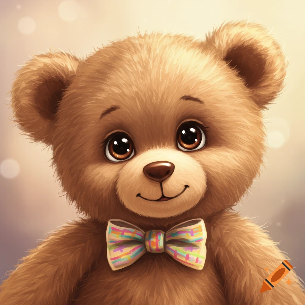 A cute fluffy brown teddy bear wearing a colorful bow tie